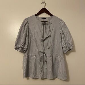 PrettyGarden Faux Bow Tie Button Up Striped Puff Sleeve Cottagecore Top
